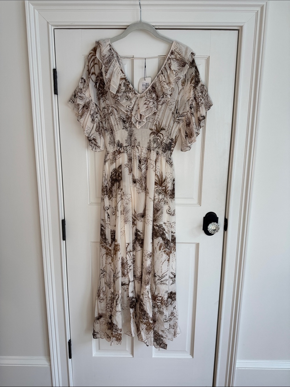 Sandro Paris | Toile Print Ruffle Midi Dress | Ecru Brown | FR 36 US Small |NWT - Picture 3 of 10